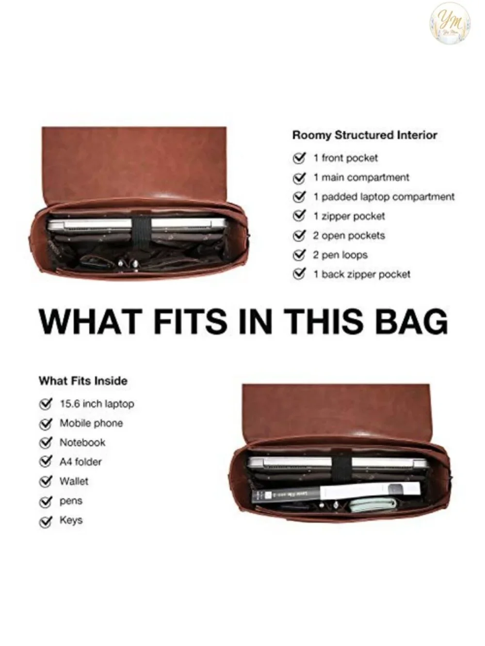 Vegan Leather Laptop Briefcase Bag Work Shoulder Satchel 15.6 Inch